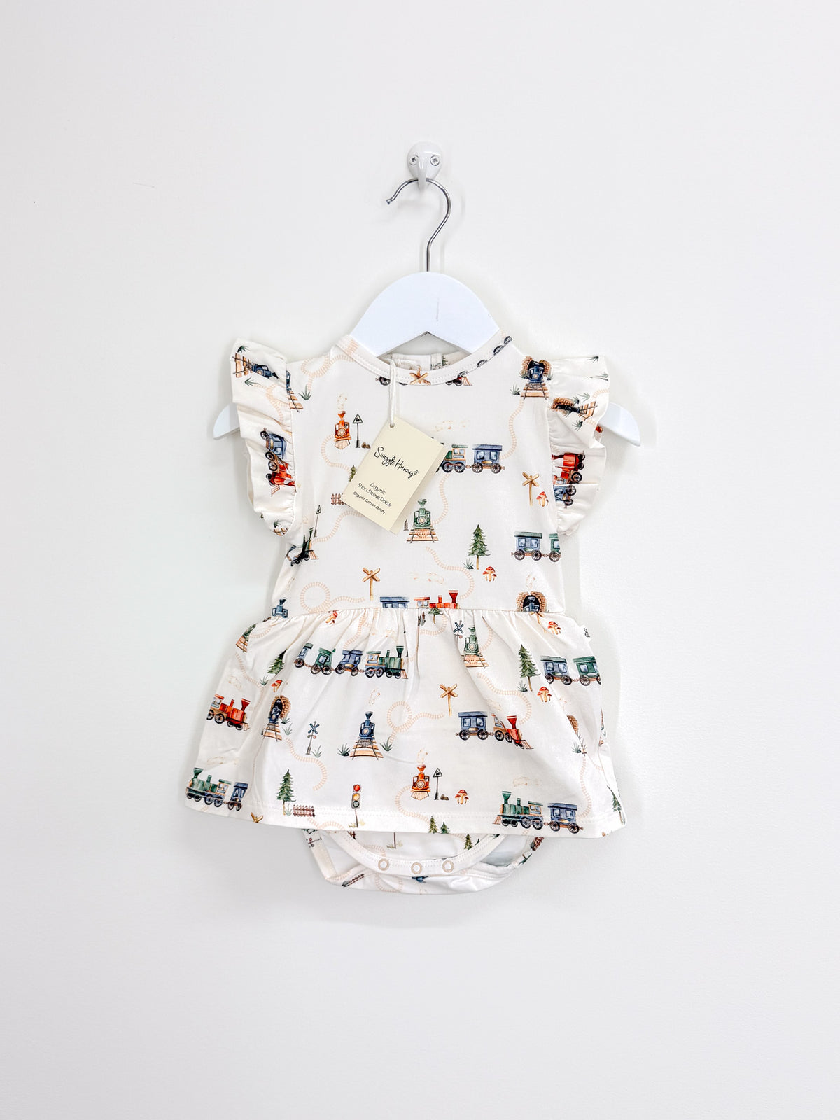 BNWT Snuggle Hunny organic short sleeve dress with frill - trains (6-12m)