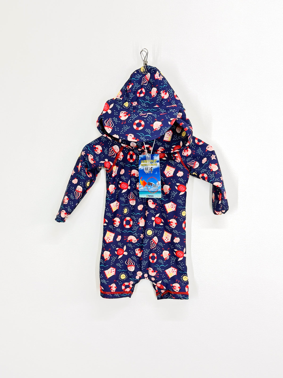 Teeny Weeny swim rash suit + flap hat - pink red navy sea UPF50+ (6-12m)