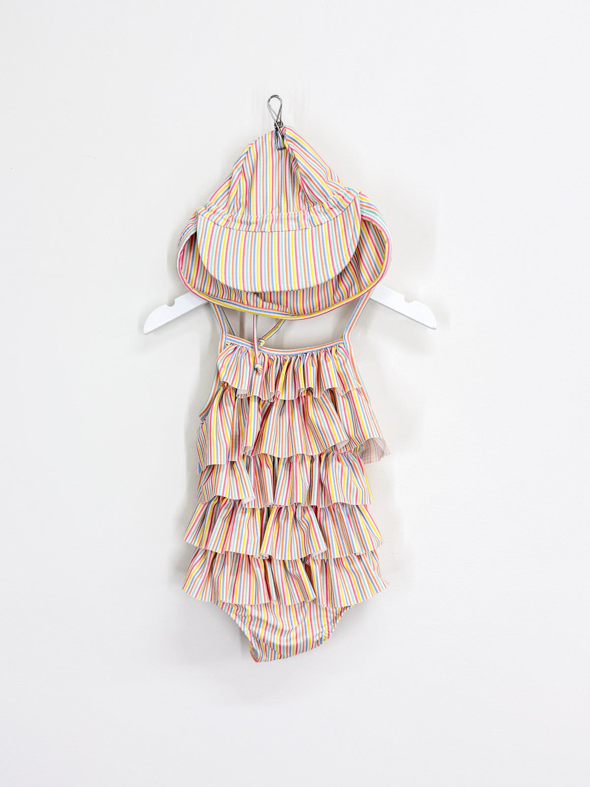 Teeny Weeny candy stripe ruffle swimsuit + flap hat (12-18m)