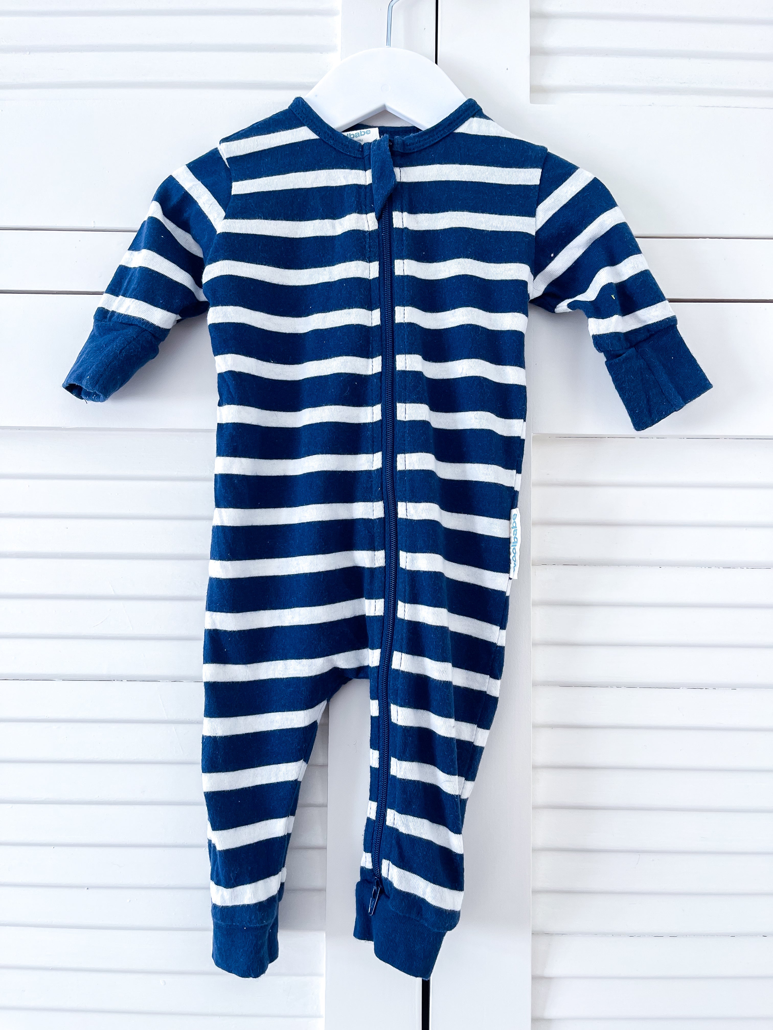 Woolbabe merino cotton PJ suit - blue stripe (0-3m)