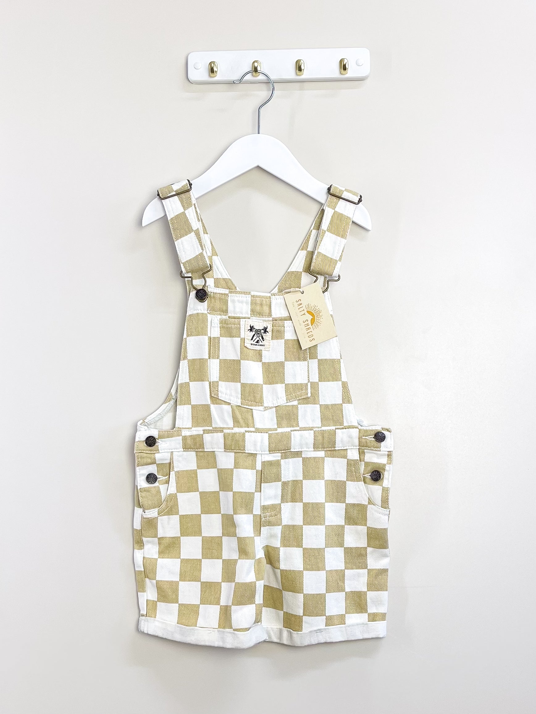 BNWT Salty Shreds gingham denim shortalls (4-5y)