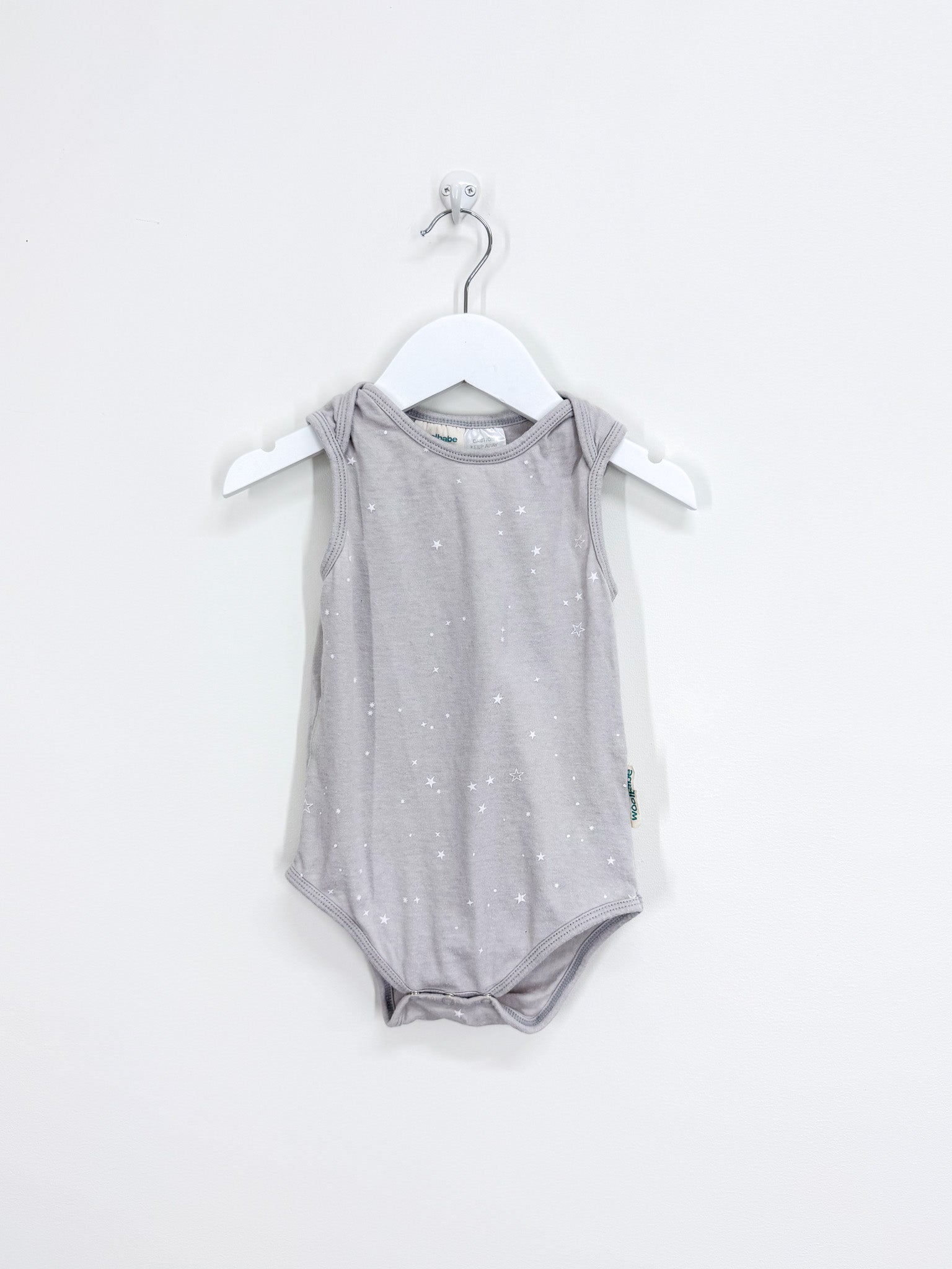 Woolbabe merino cotton singletsuit - grey stars (0-3m)