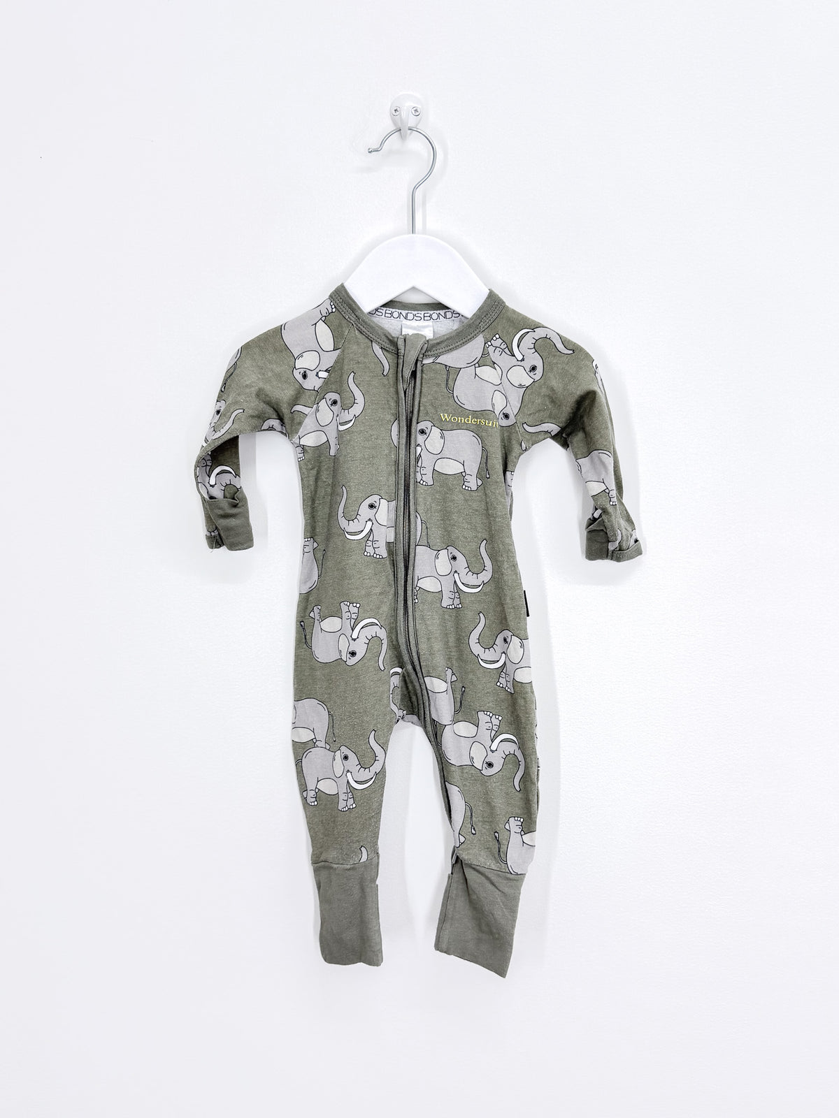 Bonds wondersuit - green elephants (0-3m)