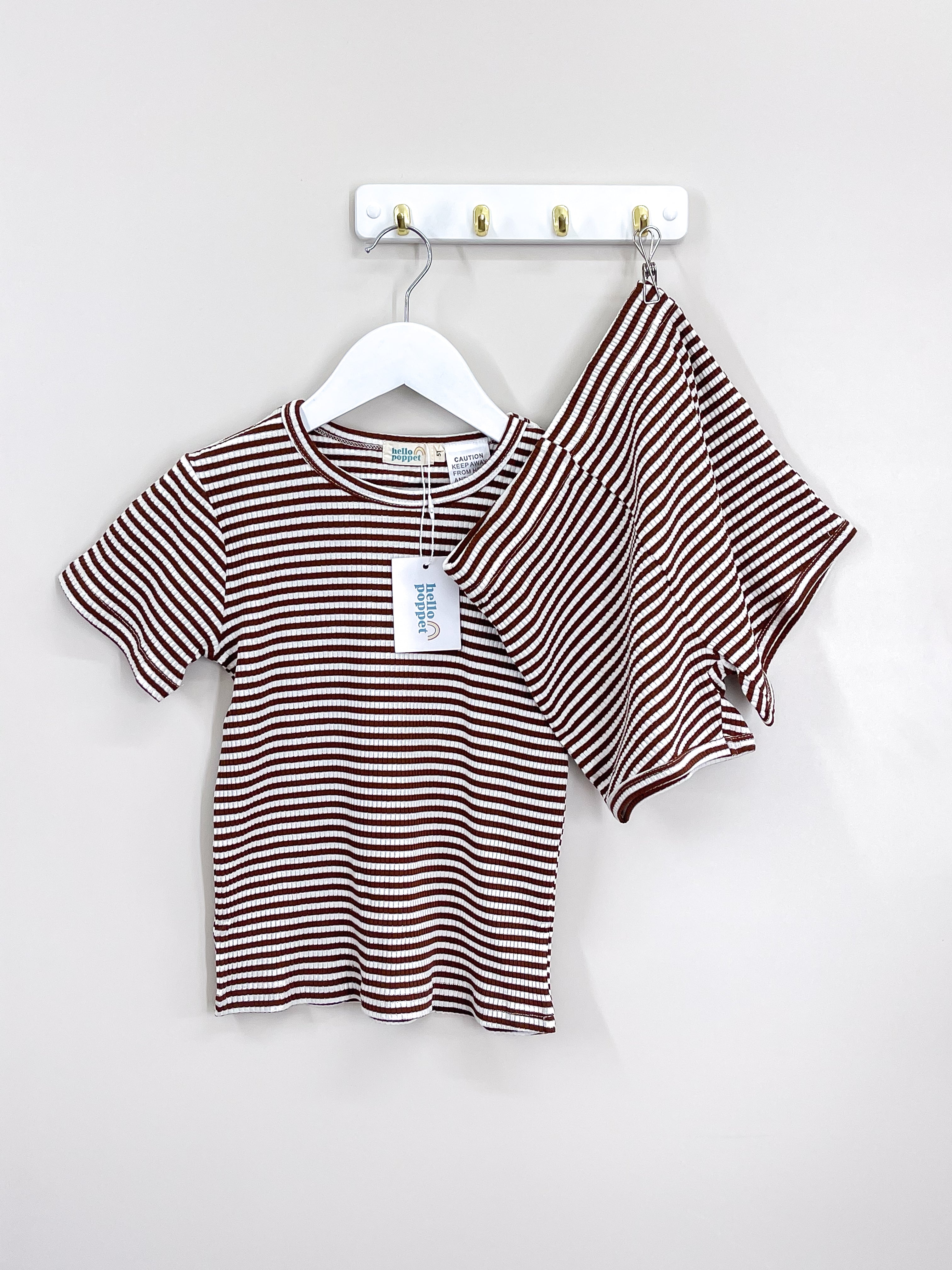 BNWT Hello Poppet organic summer PJ set - walnut & white (5y)