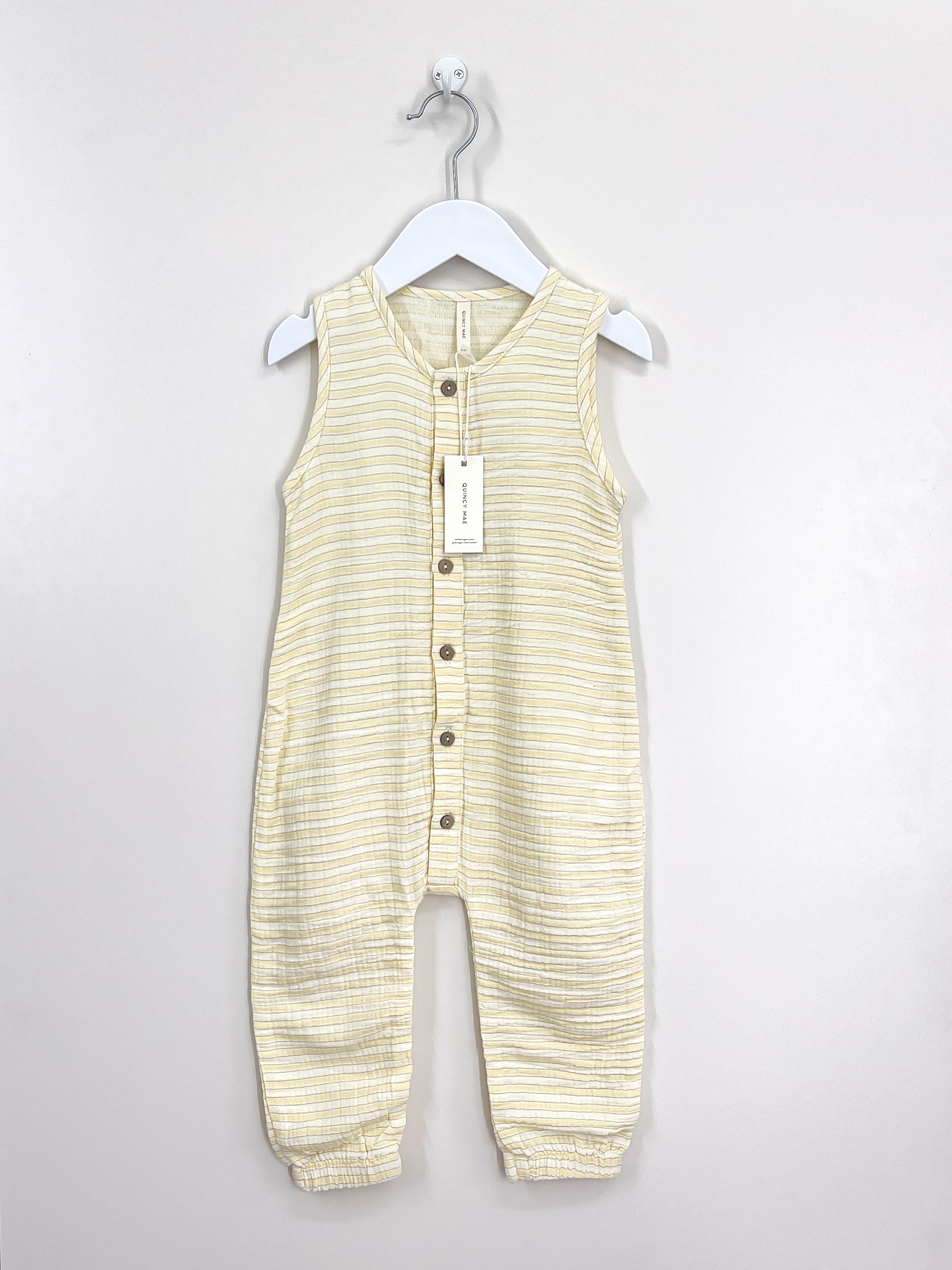 BNWT Quincy Mae organic woven jumpsuit - vintage stripe (2-3y)