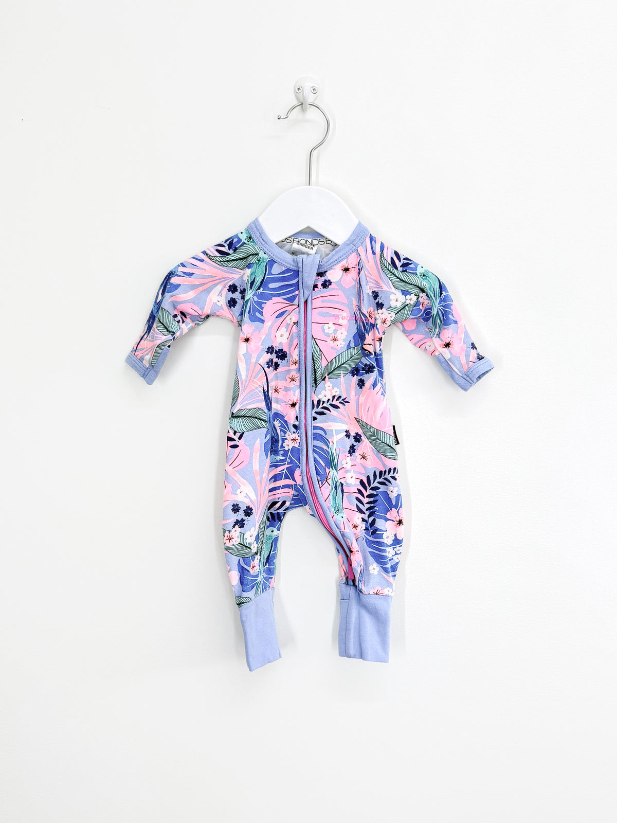 Bonds wondersuit - pink purple tropical birds (newborn)