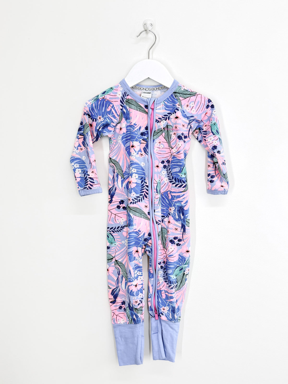 Bonds wondersuit - purple pink tropical birds (12-18m)