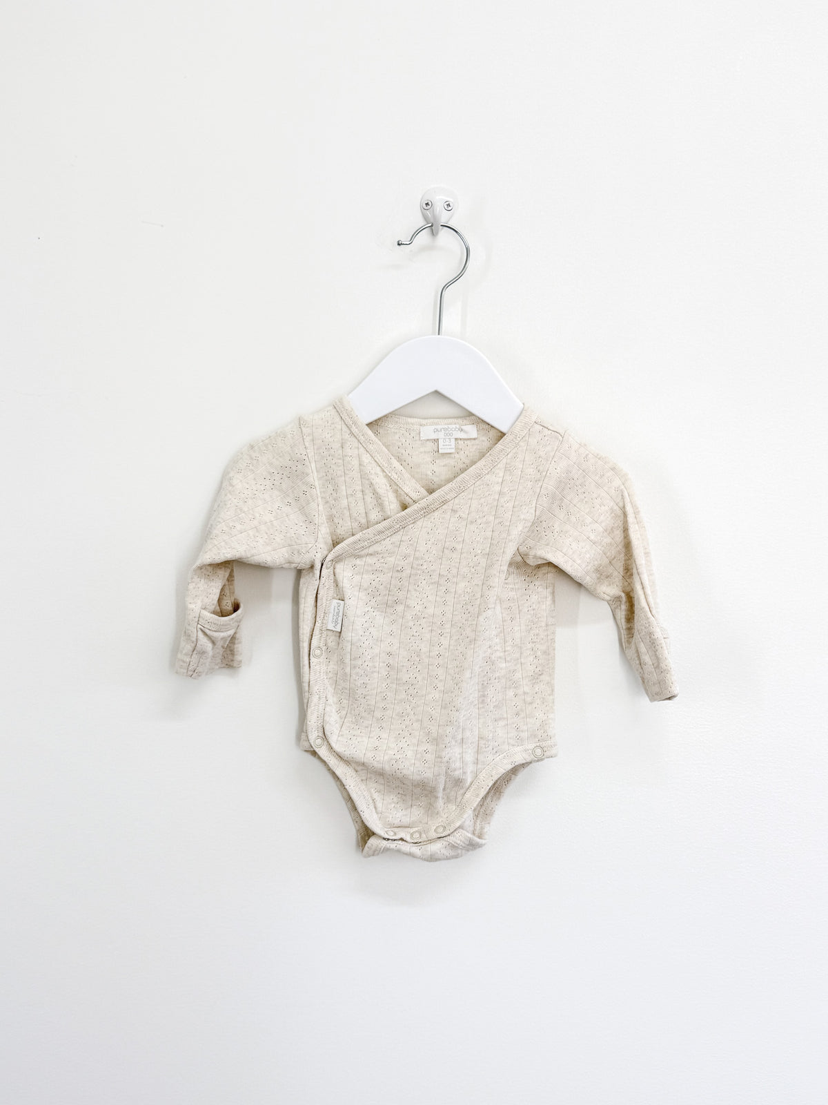 Purebaby organic pointelle kimono bodysuit - oatmeal (0-3m)