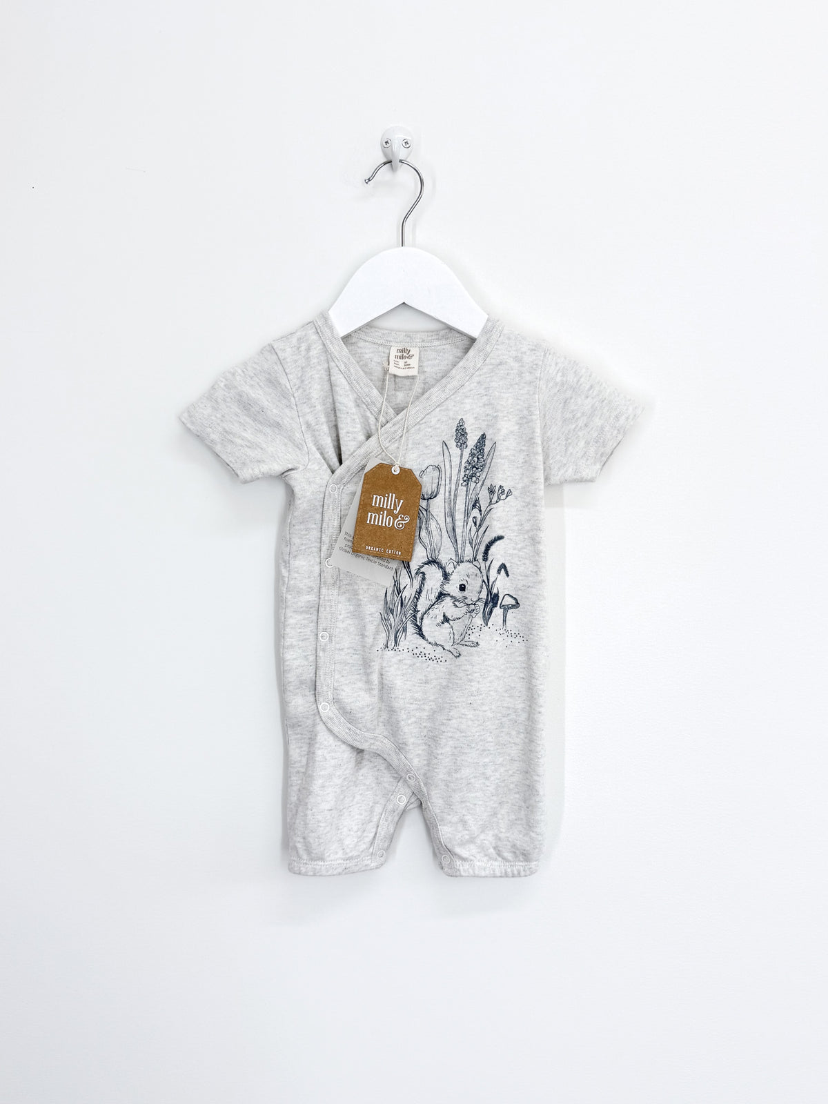 BNWT Milly & Milo organic wrap romper - squirrel time (3-6m)