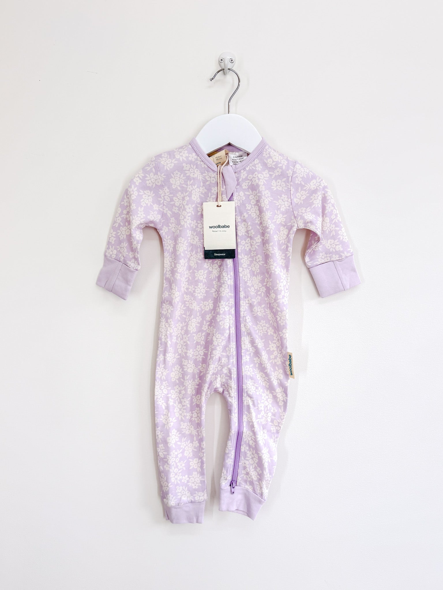 BNWT Woolbabe merino cotton PJ suit - mauve manuka (3-6m)