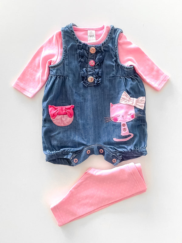 Next kitty denim overalls set (nb-1m)