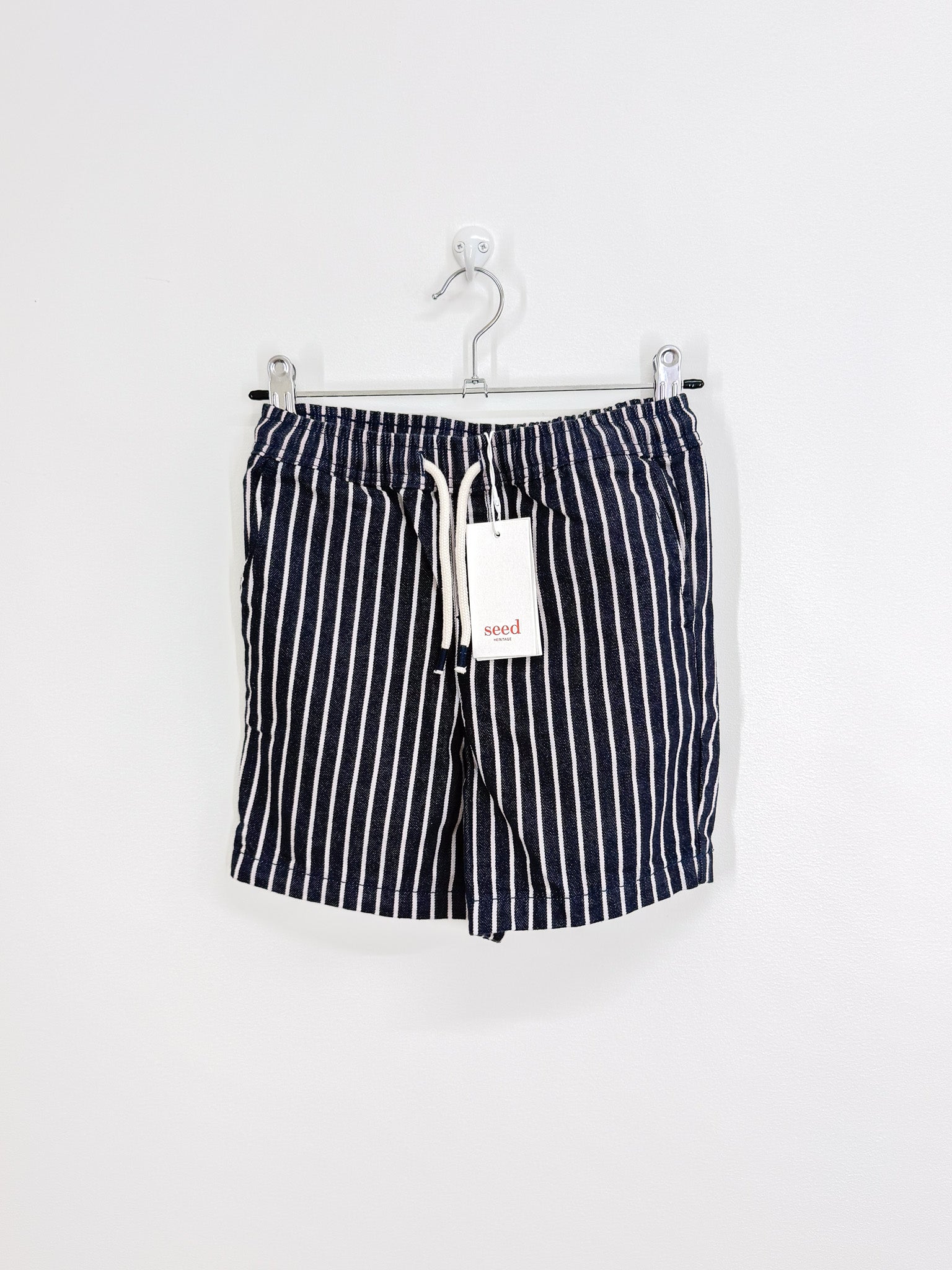 BNWT Seed core logo drawstring shorts - midnight stripe (9y)