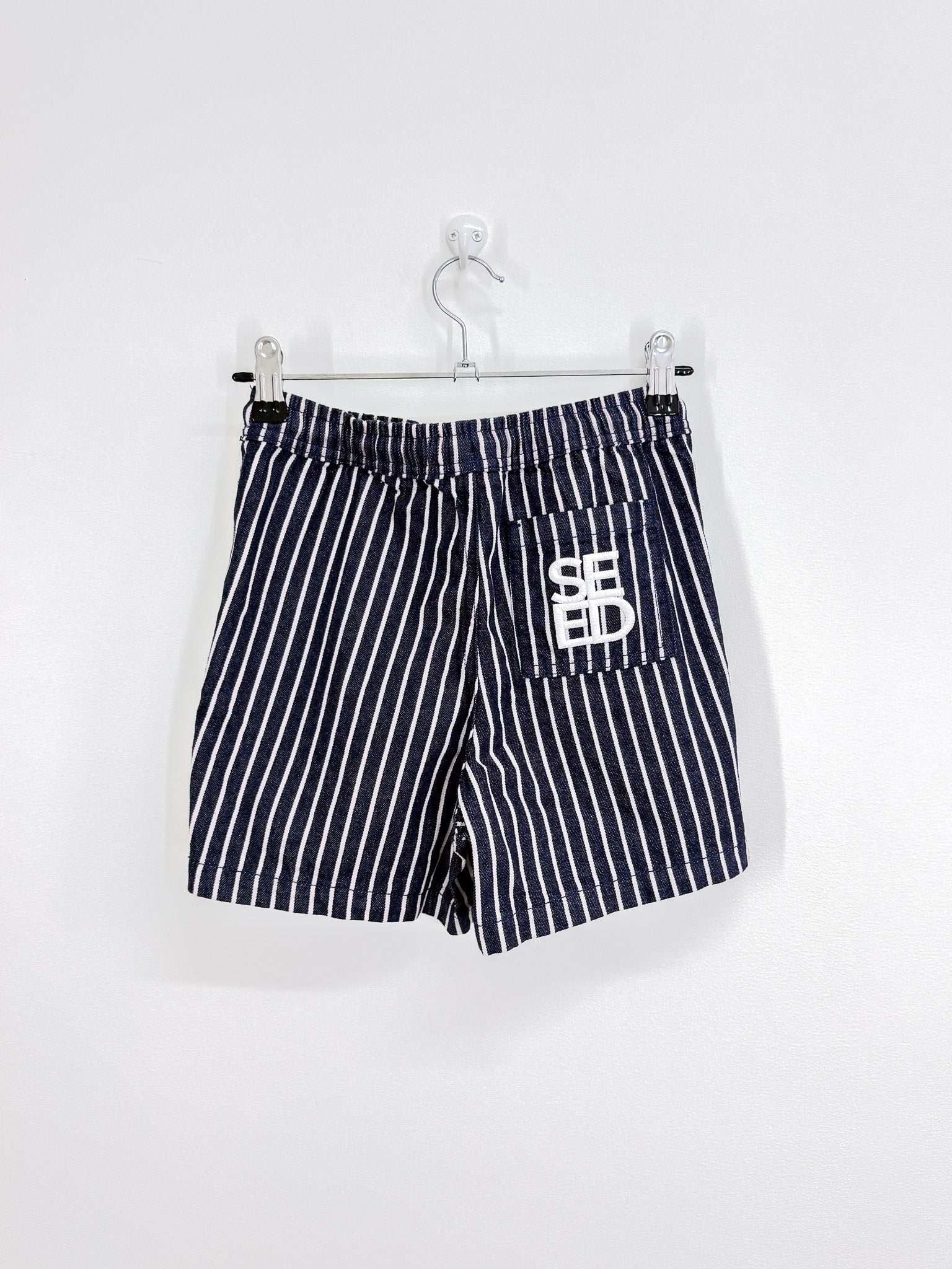 BNWT Seed core logo drawstring shorts - midnight stripe (9y)