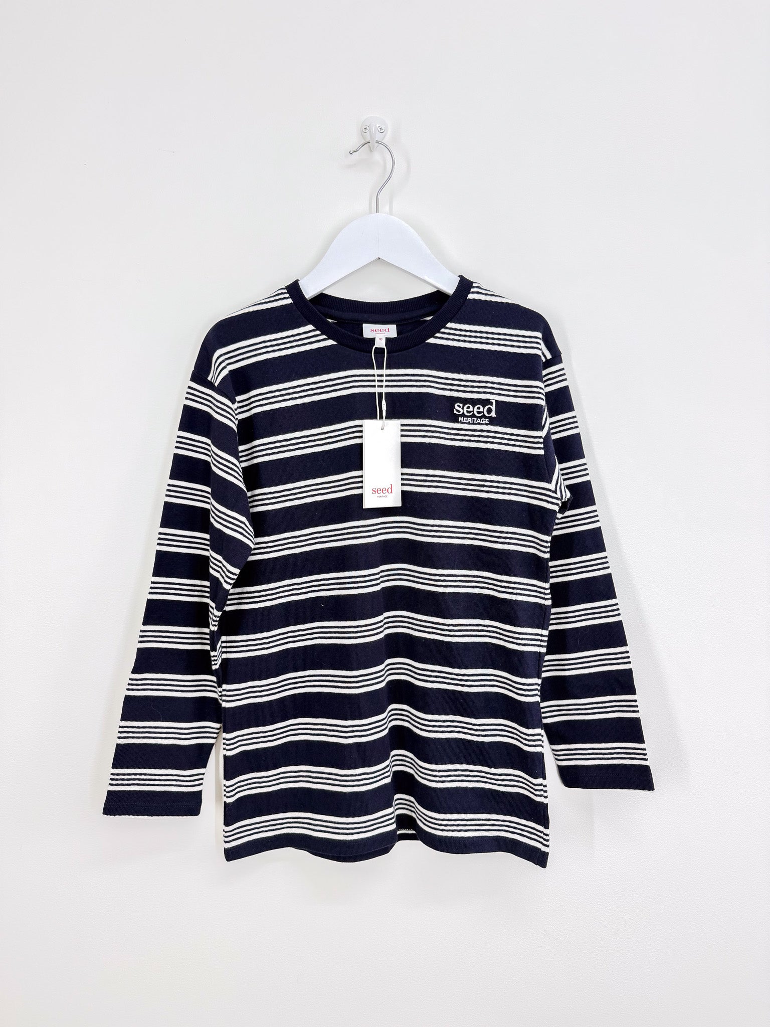 BNWT Seed core logo long sleeve tee - midnight blue stripe (10y)
