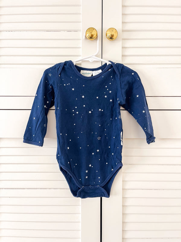 Woolbabe merino cotton long sleeve bodysuit - tekapo stars (3-6m)